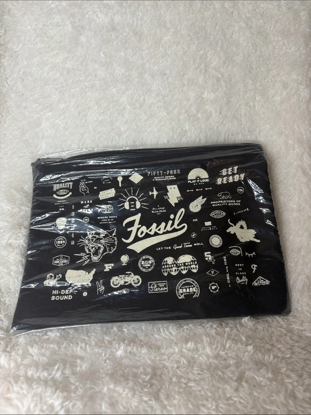 Fossil VintageGraphic Zipper Pouch Black Canvas Cosmetic Utility Bag New